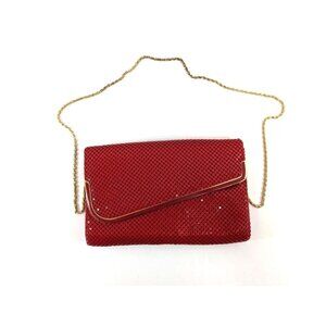 Mesh Metal Purse Clutch Crossbody Handbag Lined Red Small Bag Gold Chain